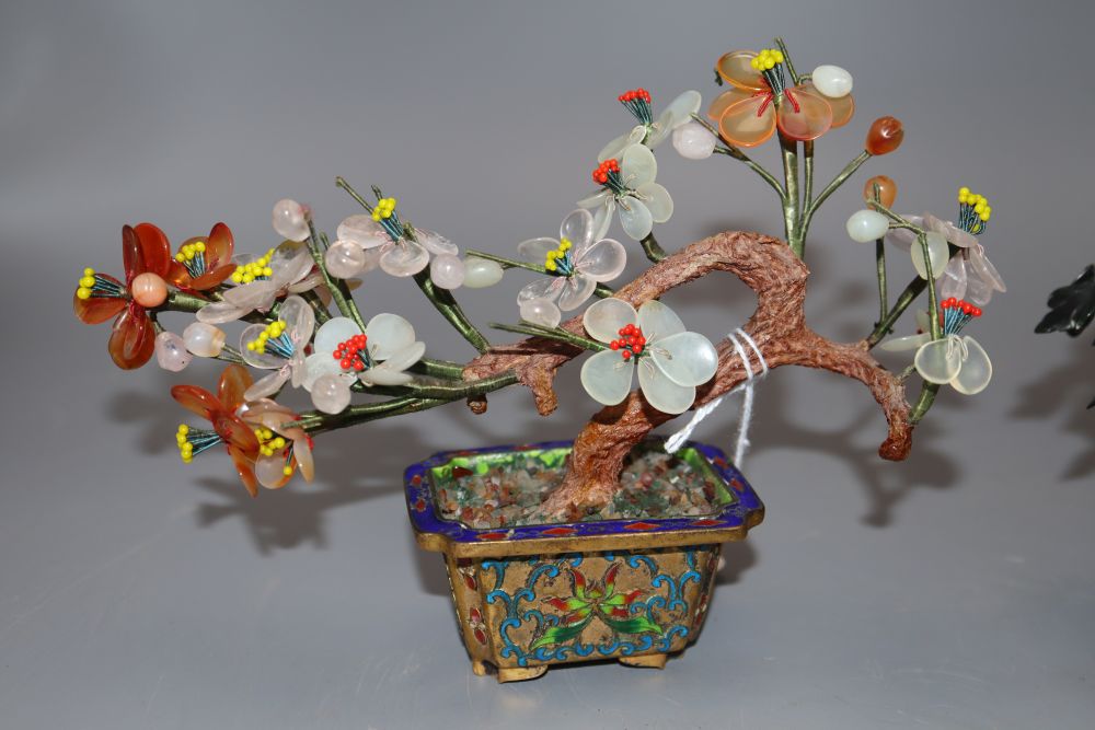 Two Chinese hardstone and cloisonne trees, tallest 14cm